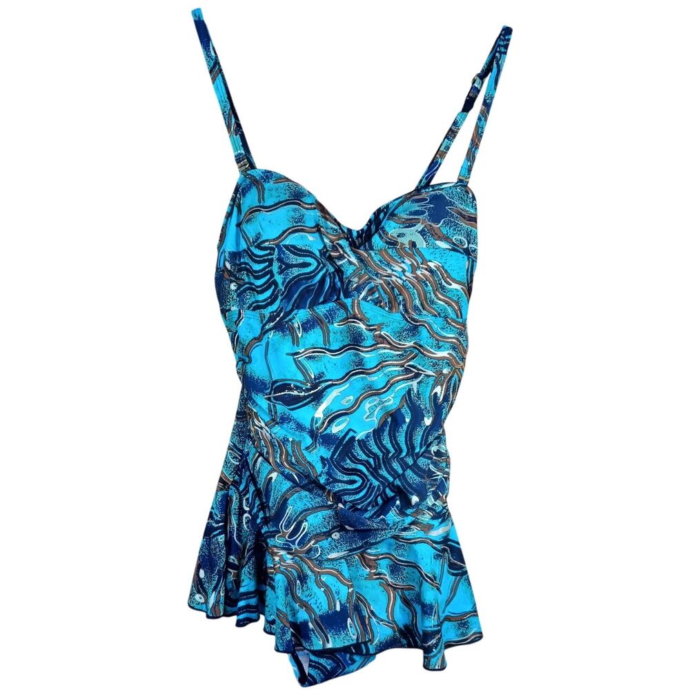 Ceeb of Miami Vintage Swimsuit Size 8 Green Abstract Print Skirted One Piece